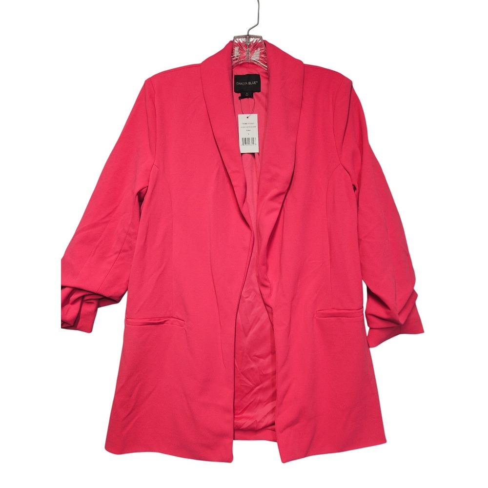 Dakota Blue Womens Pink Crepe Blazer Open Front Ruched 3/4 Sleeve Size S NWT
